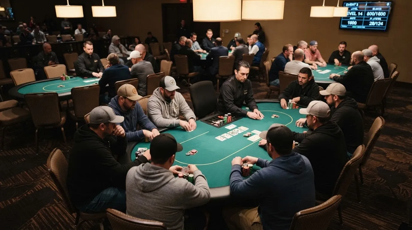 The dedicated Star Poker room with tournament tables in play and players at a cash-game session