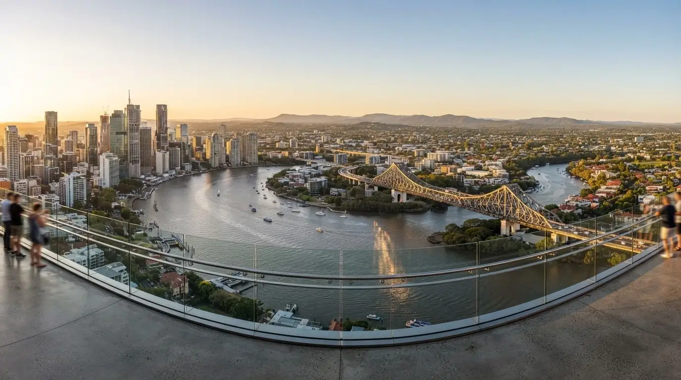 The 360-degree open-air panorama from the Sky Deck at 100 metres, looking across the Brisbane River toward the city