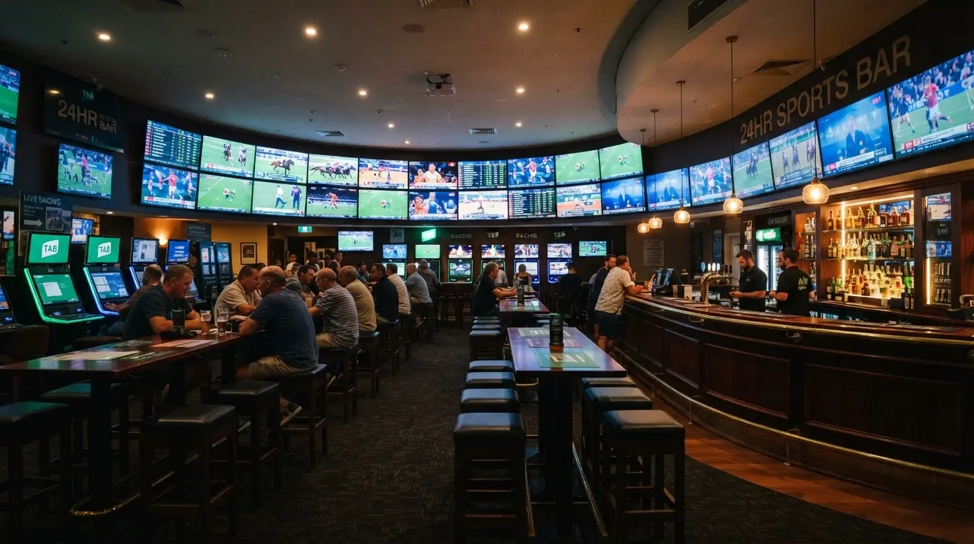 The interior of the 24/7 Sports Bar with wall-to-wall screens showing live racing and sport, betting terminals in the foreground