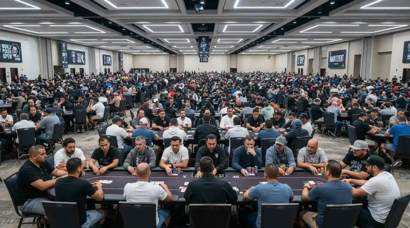 The Star Sydney poker room with forty tournament tables under bright overhead lighting, cards and chips in play across the room