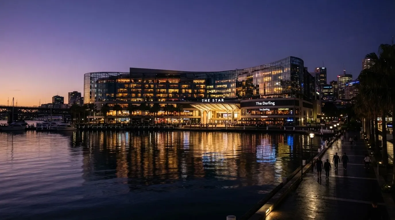 The Star Sydney's exterior at Pyrmont with its illuminated façade reflected in Darling Harbour at dusk
