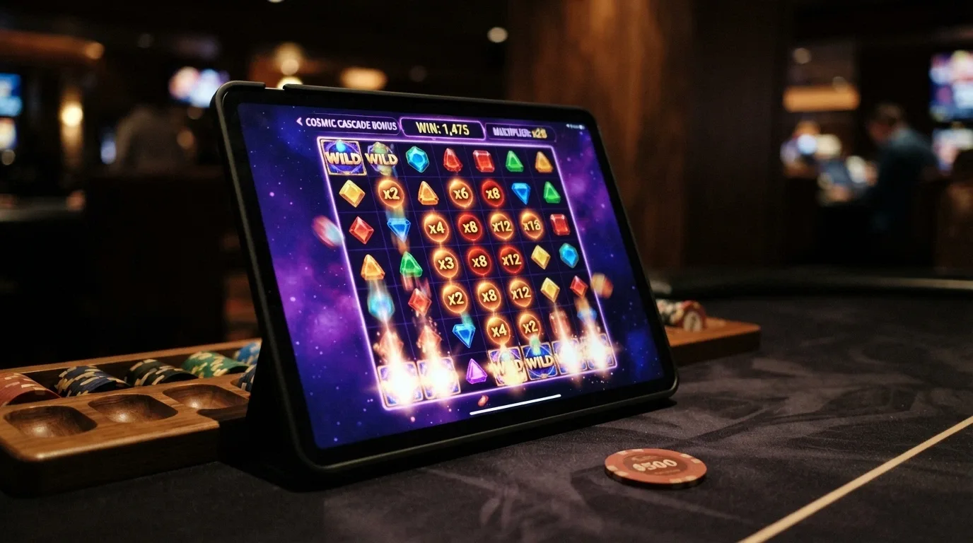A 7×7 grid during a bonus round with multiplier spots lit up across the reels and a cascading win chain in progress