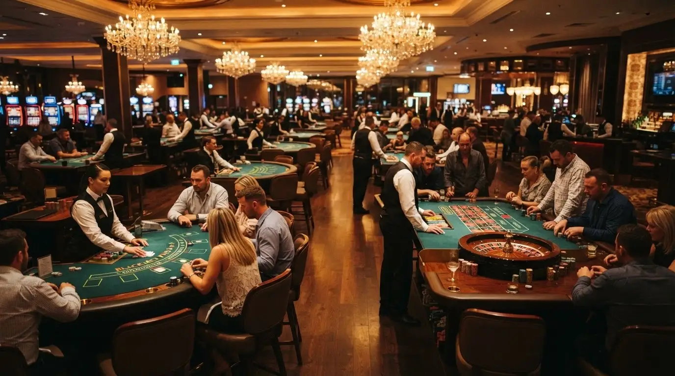 Rows of blackjack and roulette tables spread across a casino gaming floor with players seated, dealers standing and overhead chandeliers
