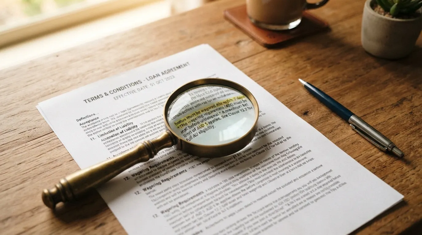 A magnifying glass held over printed bonus terms and conditions, with a wagering multiple of 40x highlighted in the fine print