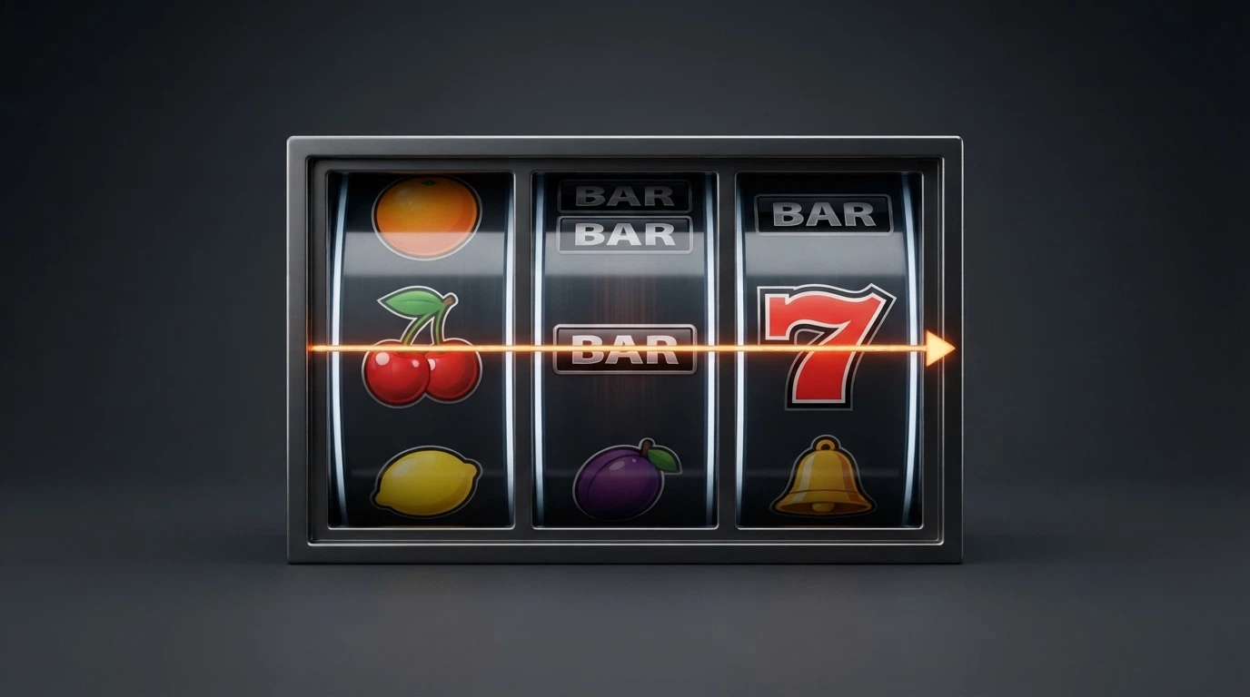 Close-up diagram of a 3-reel pokie grid showing three vertical columns and a single horizontal payline running across the centre row