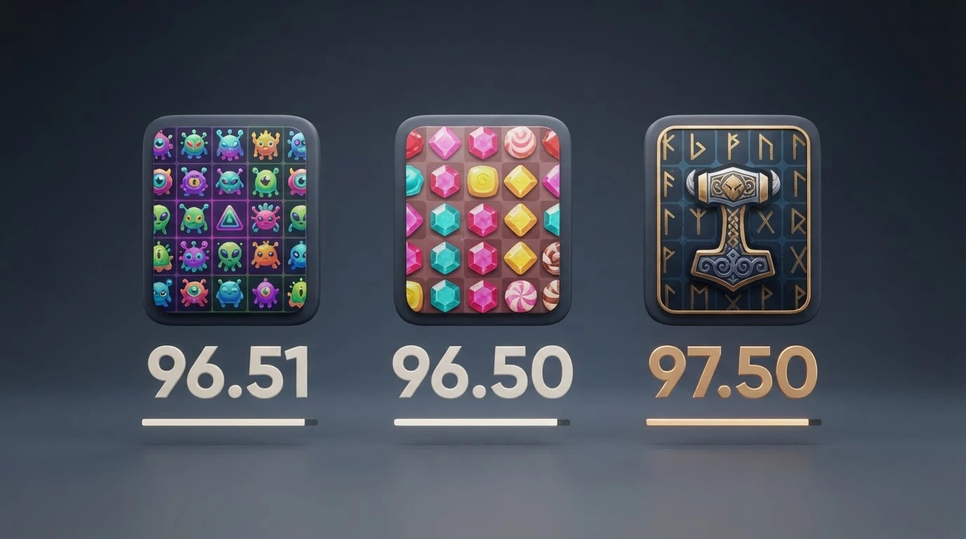 A side-by-side visual of three popular 7-reel slot title cards — Reactoonz, Sugar Rush and Viking Runecraft — with their RTP percentages overlaid