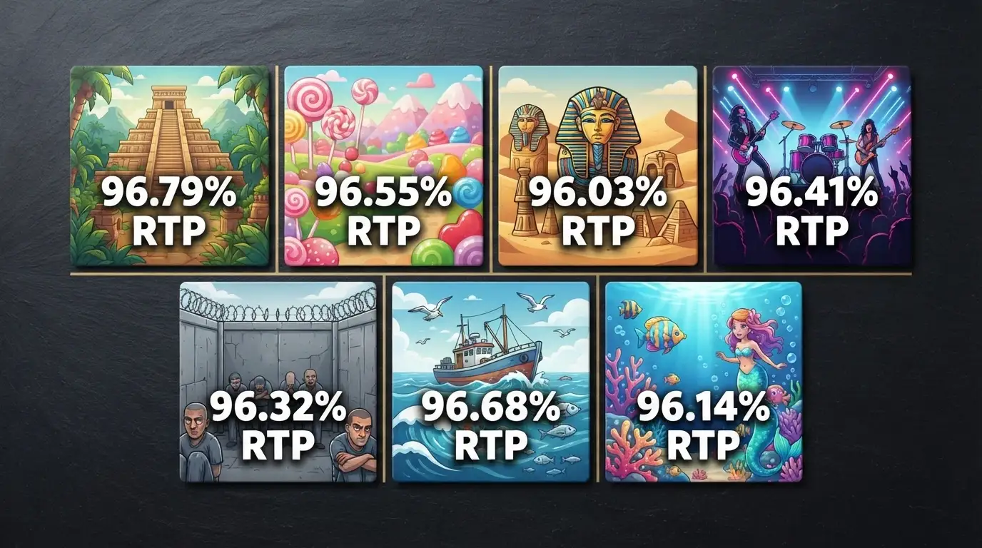 A grid of seven pokie title-card thumbnails — Gates of Olympus, Sweet Bonanza, Book of Dead, Elvis Frog in Vegas, San Quentin xWays, Big Bass Bonanza Megaways and Razor Shark — each overlaid with its RTP percentage