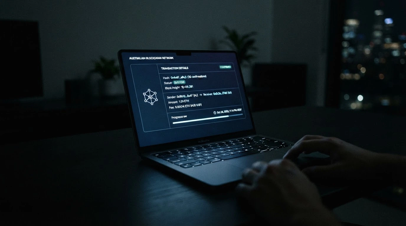 A simplified blockchain explorer screen showing a USDT transaction with its network fee, confirmation count and sender address visible