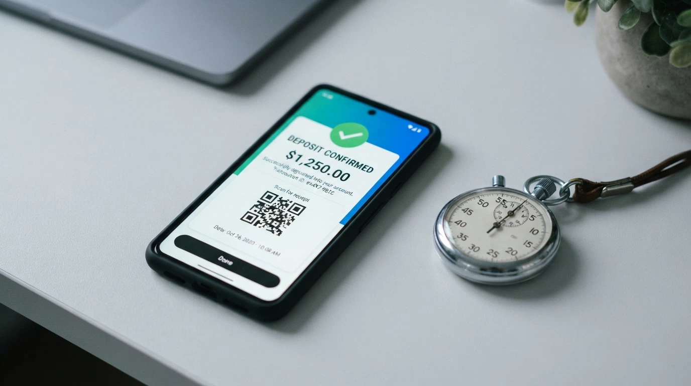 A stopwatch beside a crypto wallet QR code on a phone, with a casino cashier screen showing a completed USDT deposit confirmation