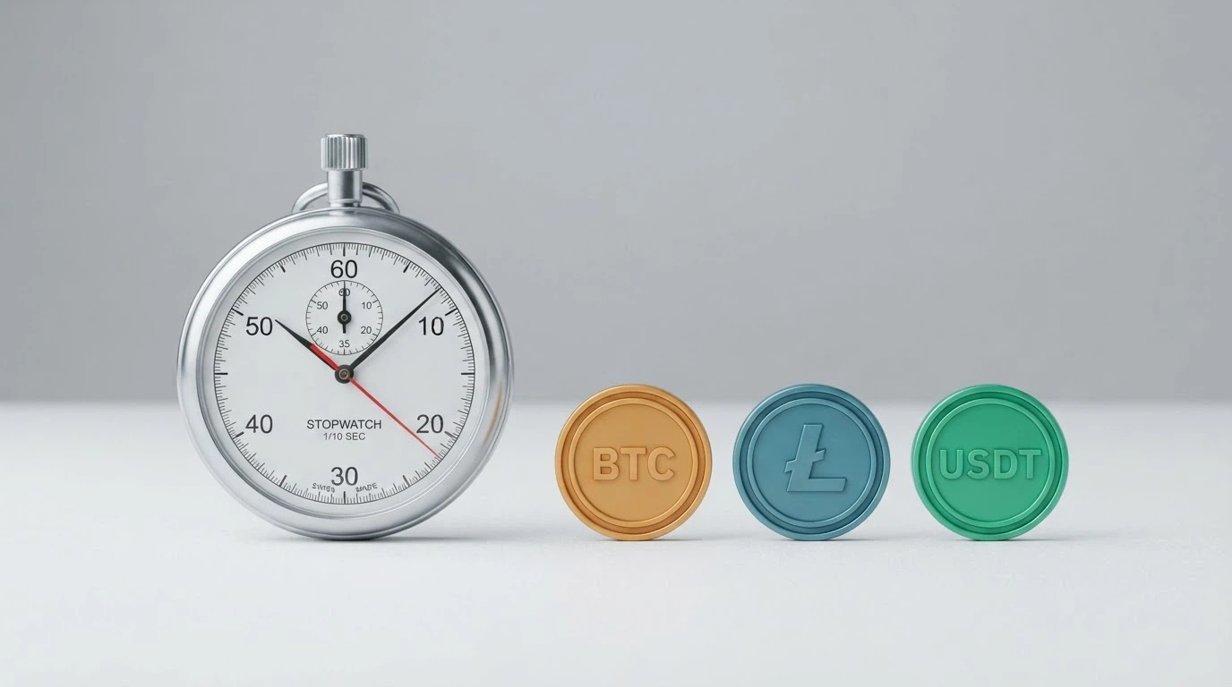 A stopwatch beside three coin icons labelled BTC, LTC and USDT