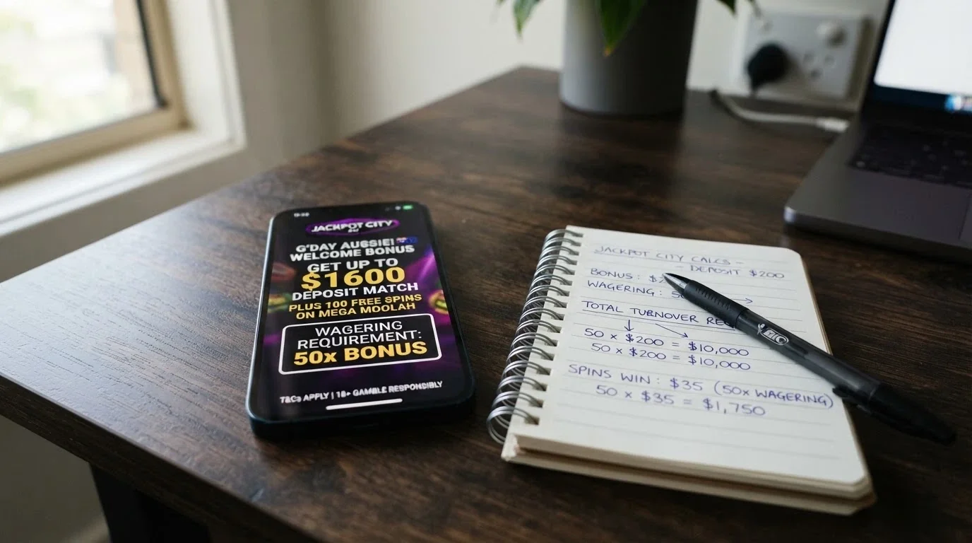 A close-up of a casino bonus terms pop-up with the wagering requirement figure highlighted, beside a calculator and a notepad with turnover calculations