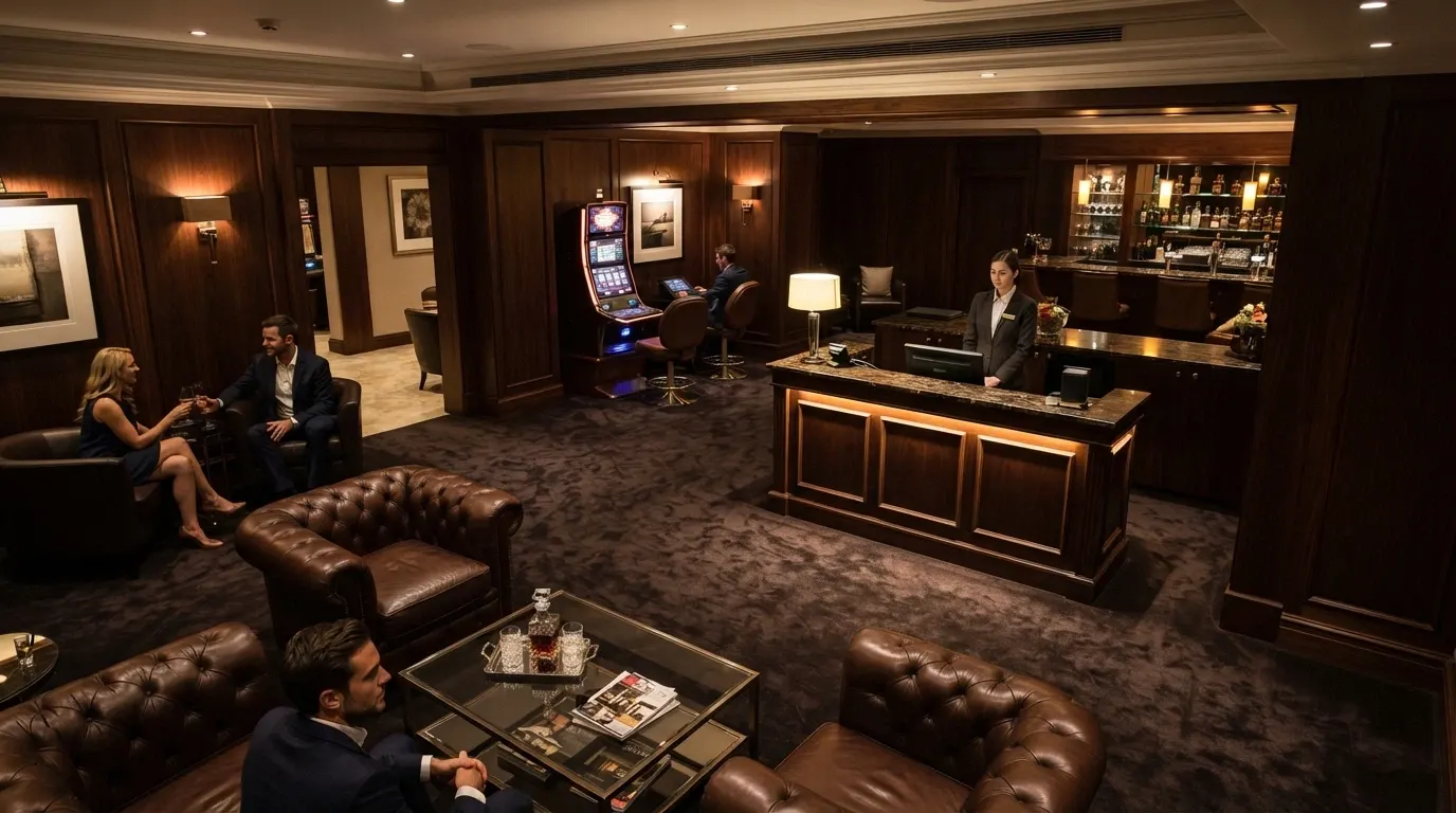 An elevated view of an exclusive casino lounge area with a dedicated service desk, leather seating and a private gaming terminal