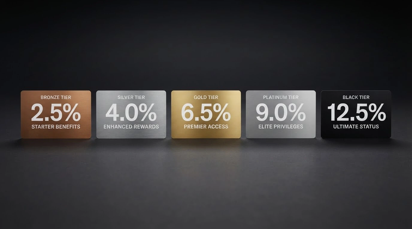 A side-by-side visual of VIP loyalty cards in ascending colours from bronze through silver, gold and platinum to black, each with a different cashback percentage and perk label printed on it