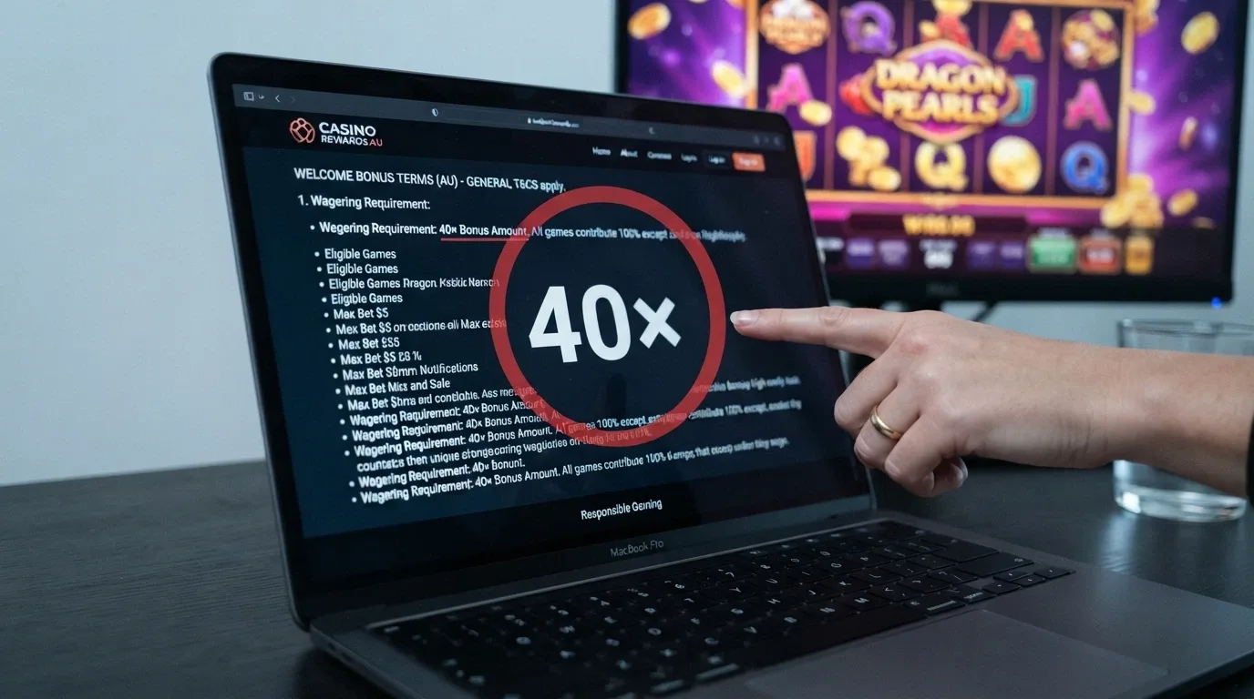 A close-up of a bonus terms pop-up on a casino site with the wagering requirement multiple circled in red, overlaid on a blurred pokies game background