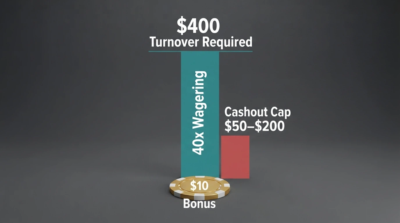A visual breakdown of a $10 bonus with 40x wagering: $400 turnover required, arrows showing how much must be played through before withdrawal