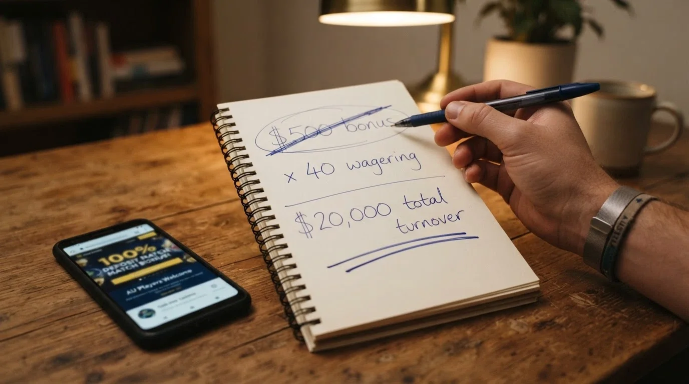 A notepad or calculator beside a casino bonus pop-up showing A$500 bonus, 40x wagering and a circled total turnover figure of A$20,000, with a pen crossing out the headline number.