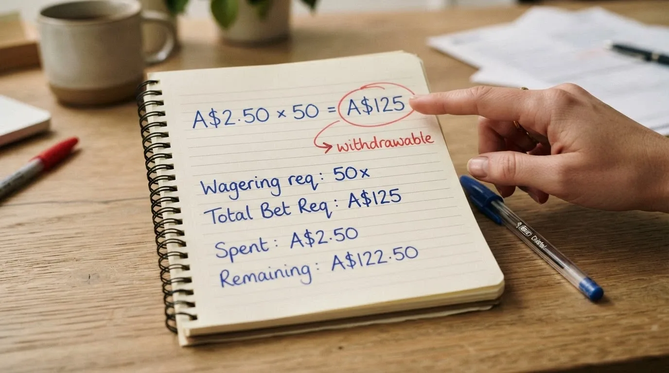 A notepad showing the maths: A$2.50 in spins × 50x wagering = A$125 turnover, with a red circle around the final withdrawable amount