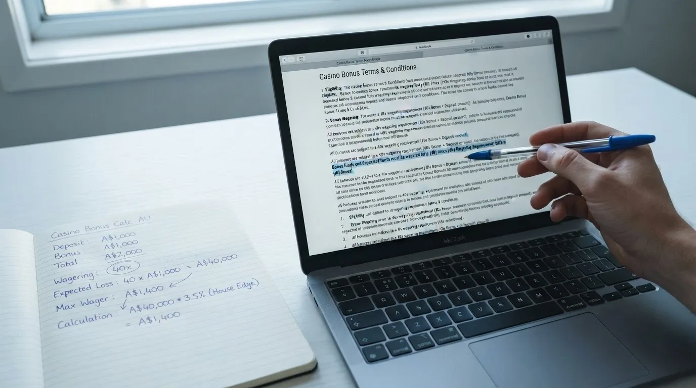 A close-up of casino bonus terms and conditions on a screen, with a pen or cursor highlighting the wagering-requirement line, a calculator beside it