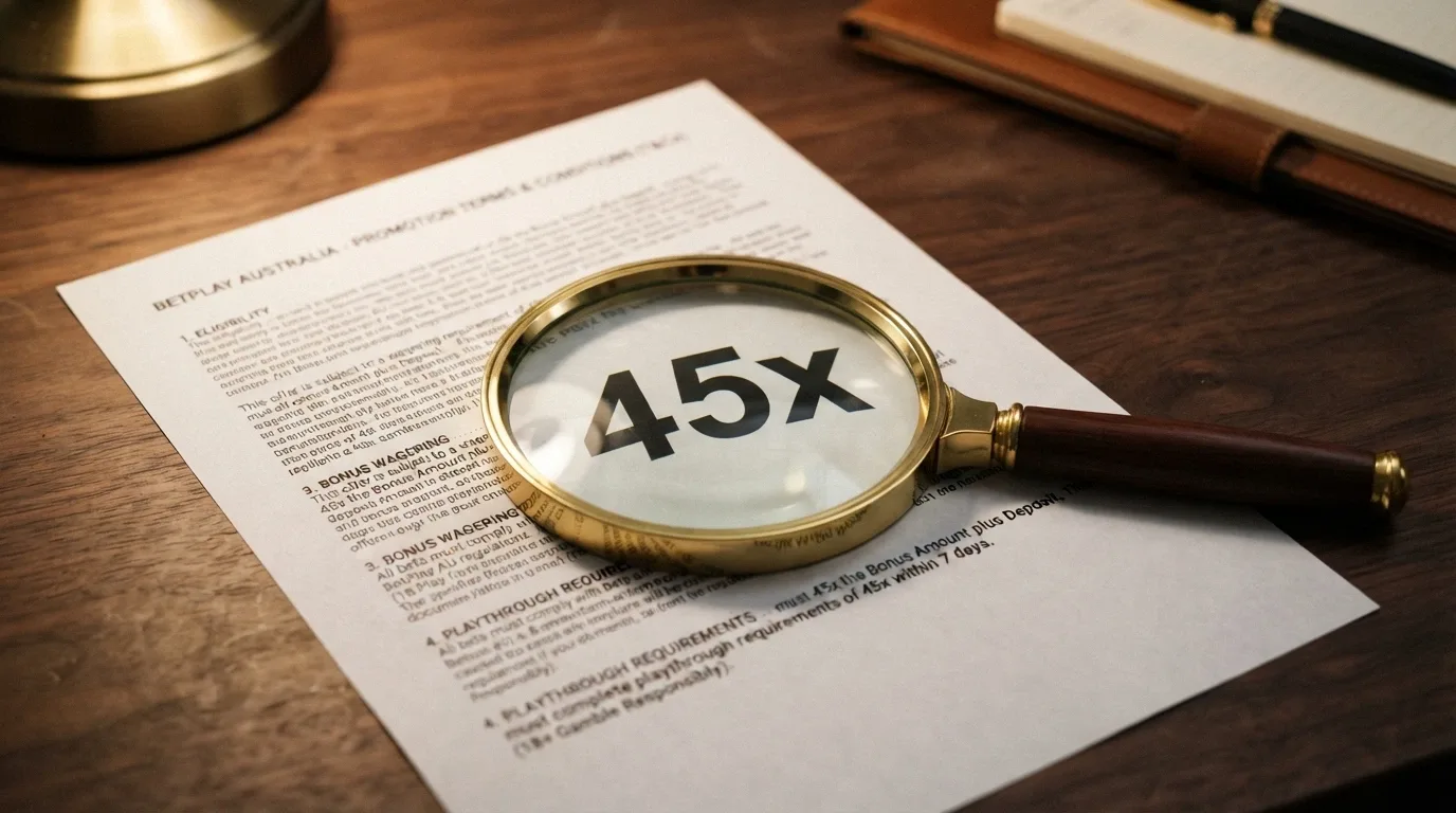 A magnifying glass held over printed casino bonus terms and conditions, with the wagering requirement figure highlighted in sharp focus