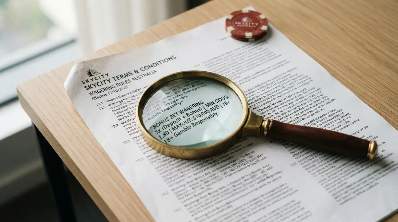A magnifying glass held over casino bonus terms and conditions, highlighting wagering-multiple fine print