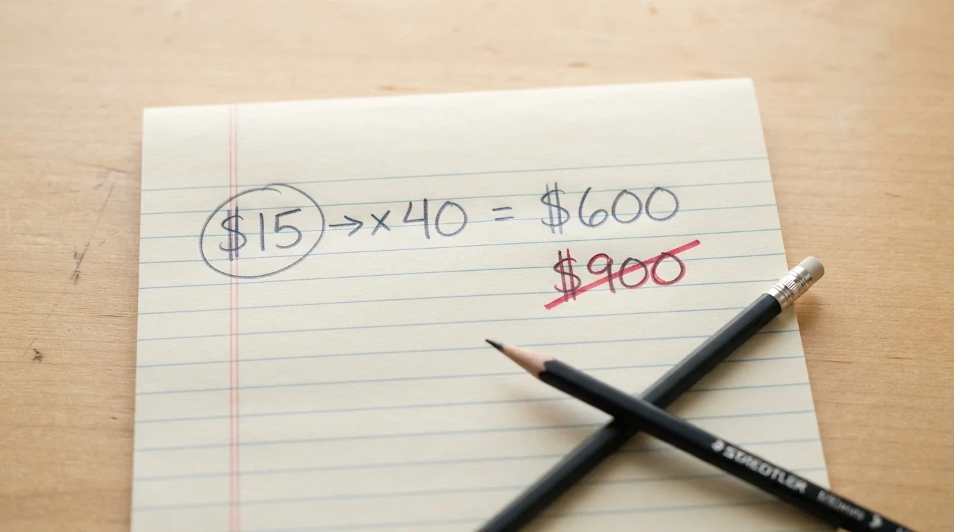 A calculator display or notepad showing a bonus amount ($15) multiplied by a wagering figure (40×) equals $600 turnover required, with a red line striking through a larger “expected win” figure