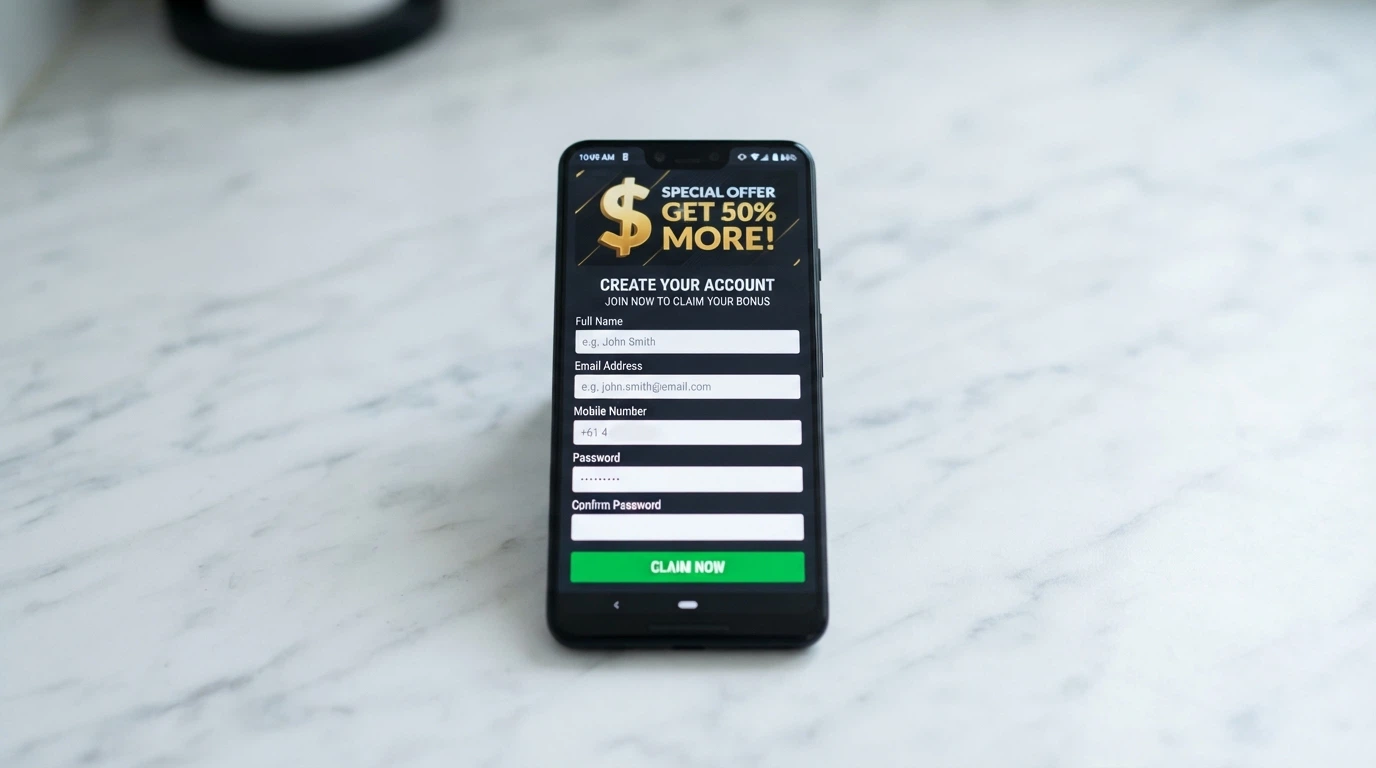 Mobile casino registration screen with a welcome bonus offer highlighted in a promotional banner