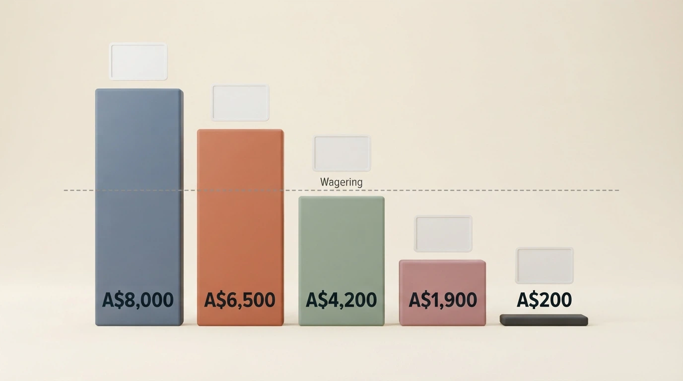A comparison visual showing welcome bonus values from A$200 to A$8,000 across multiple operator cards