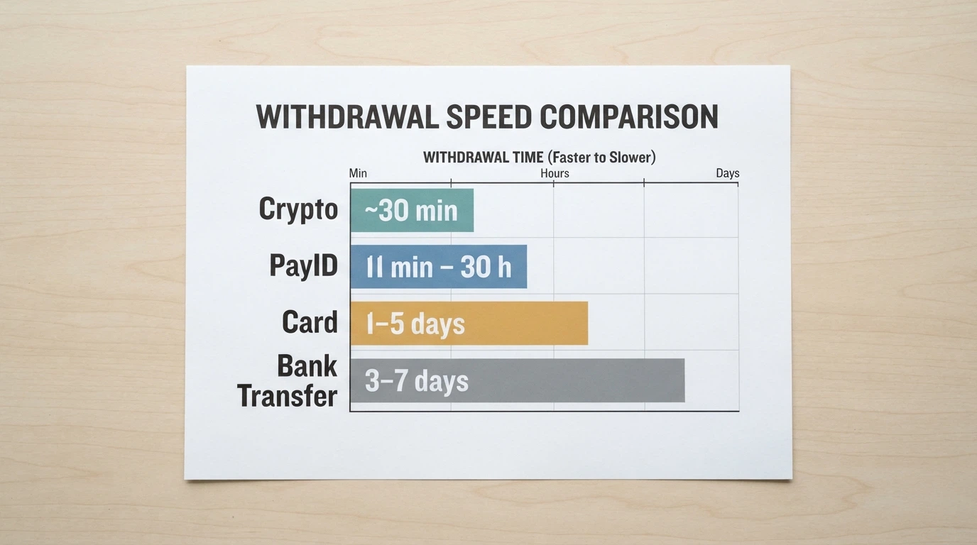 A visual comparison showing four payment methods as horizontal bars — crypto (shortest), PayID, card, and bank transfer (longest) — labelled with time ranges in hours and days